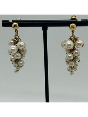 Vintage Faux Pearl Cluster Earrings Gold-Tone Dangle Wedding Prom Elegant